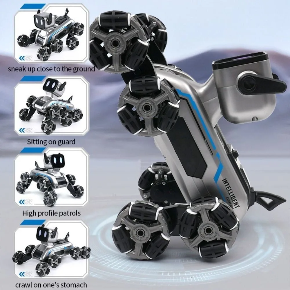 Creative Plastic RC AI Robot Silver Eight Wheeled Stunt Drift Robot Dog Remote Control Robot Children's Gift