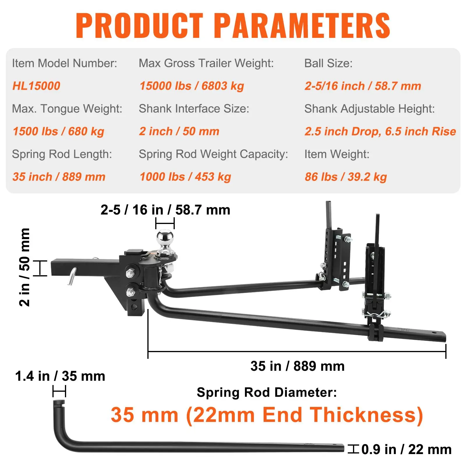 Weight Distribution Hitch, 1,500 lbs Weight Distributing Hitches Kit with Sway Control for Trailer, 2-In Solid Steel Shank, 2-5/16 in Alloy Steel Ball, Powder Coated Load Leveling Hitch, Black