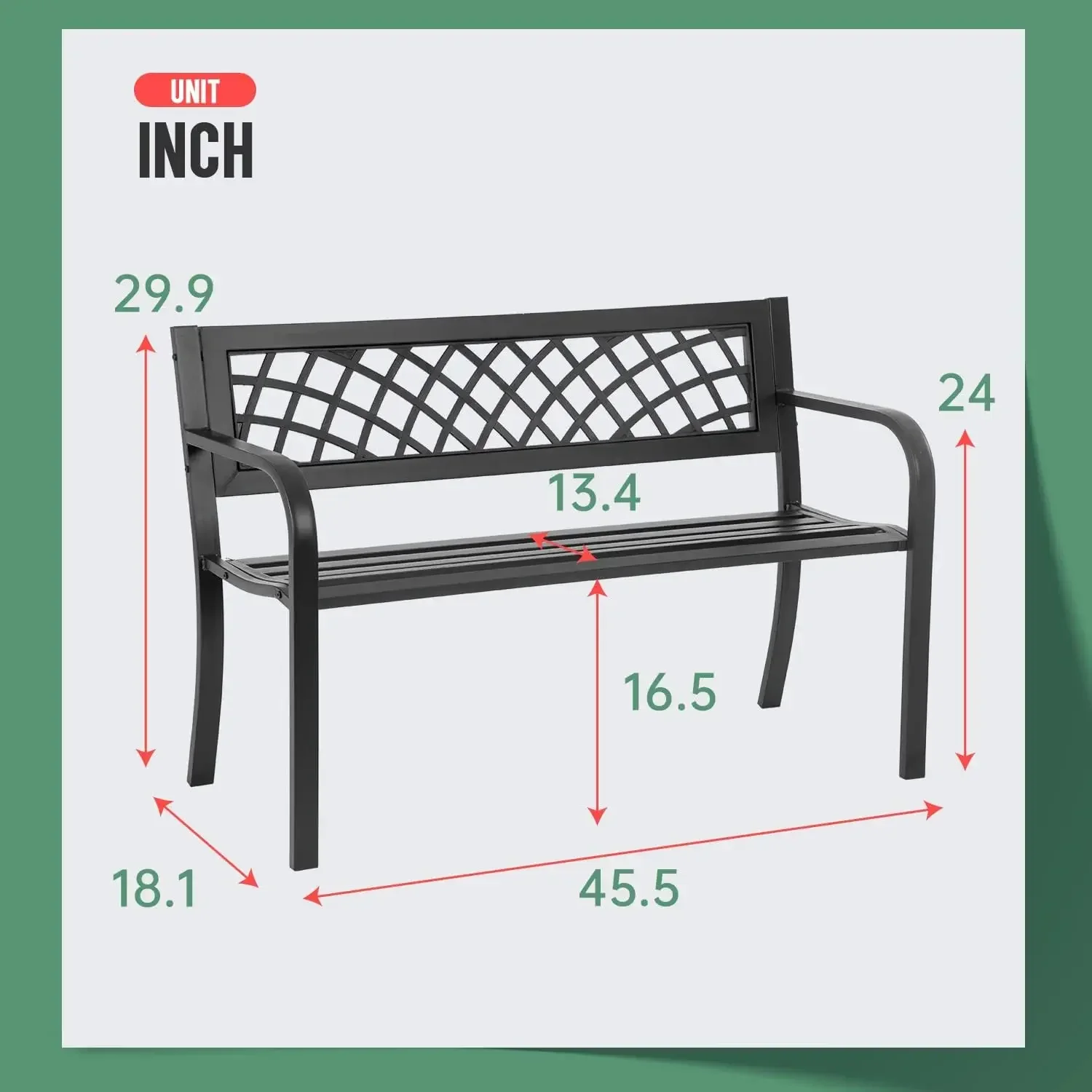 Banc de jardin avec motif en maille et accoudoirs de dossier en plastique, banc d'extérieur, cadre en acier de fer, noir