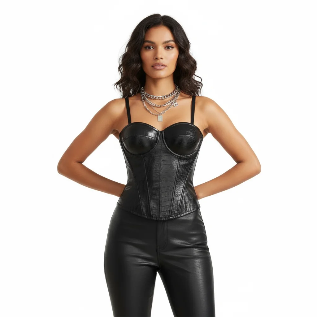 PU Leather Bustier Corset Top for Women Steel Boned Push Up Bra with Padded Strapless Backless Sexy Camisole Tops