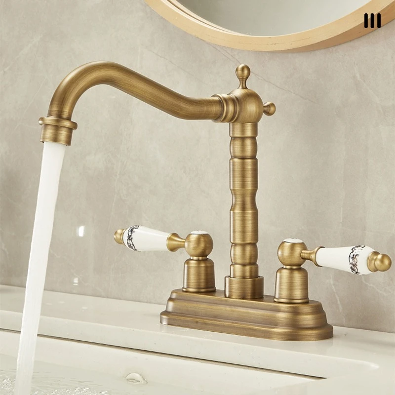 Double Handle Double Hole Bathroom Basin Faucet Antique Bronze Mixer Tap