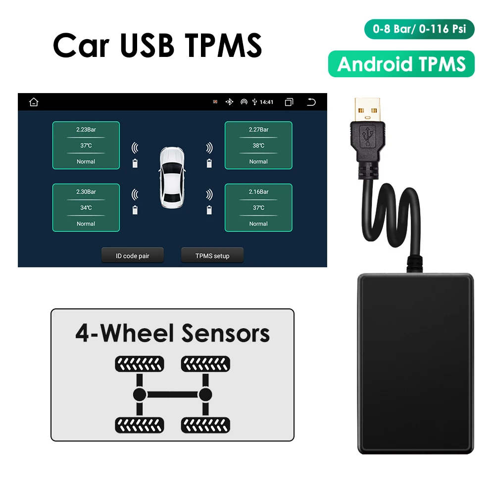 Système de surveillance de la pression des pneus, capteur USB, 4 capteurs, capteur externe interne 5V, USB TPMS Android TPMS pour autoradio
