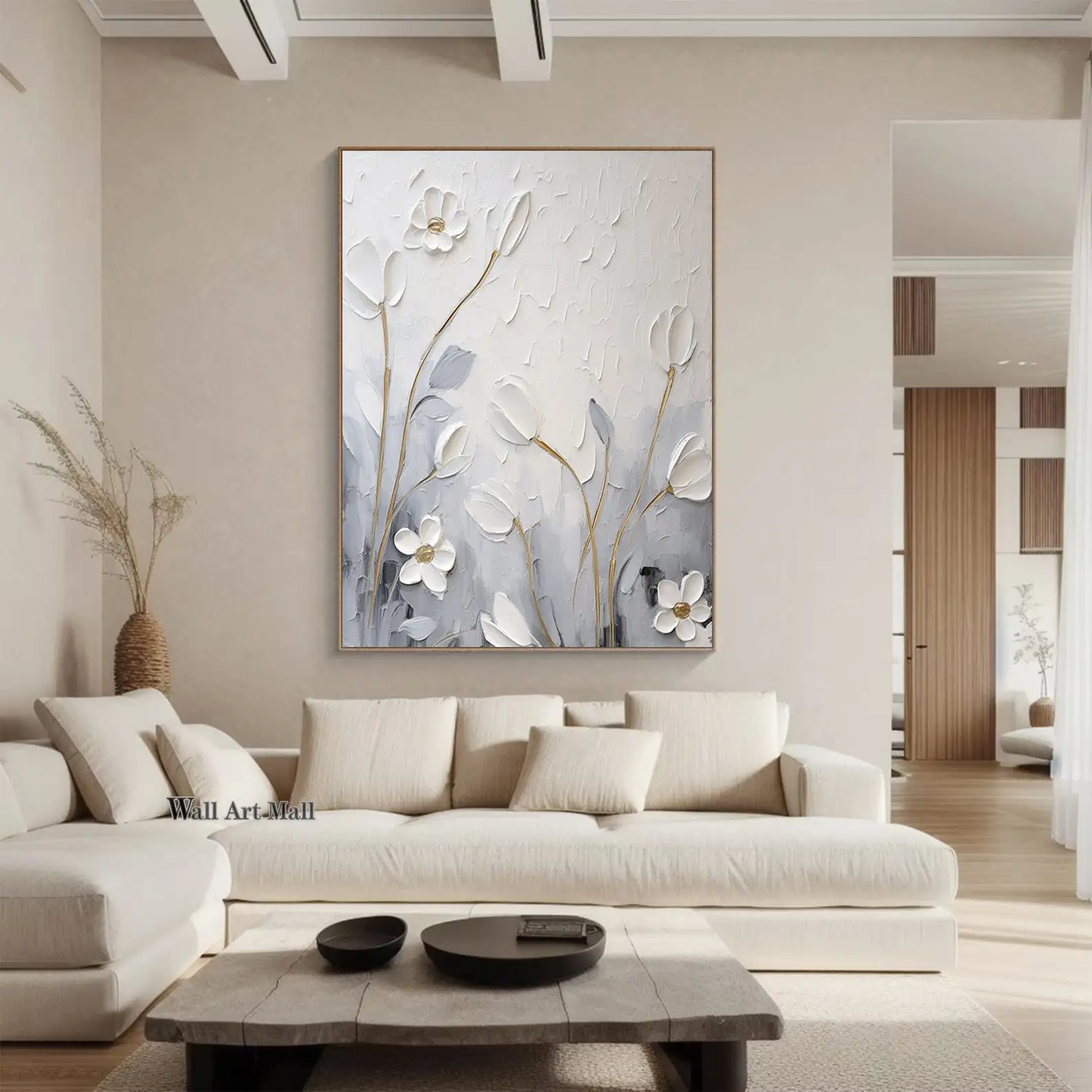 Mhemyo Large Gray White Abstract Hand Painted Oil Painting 3D Textured Original Minimalist Flower Wall Art For Living Home Decor