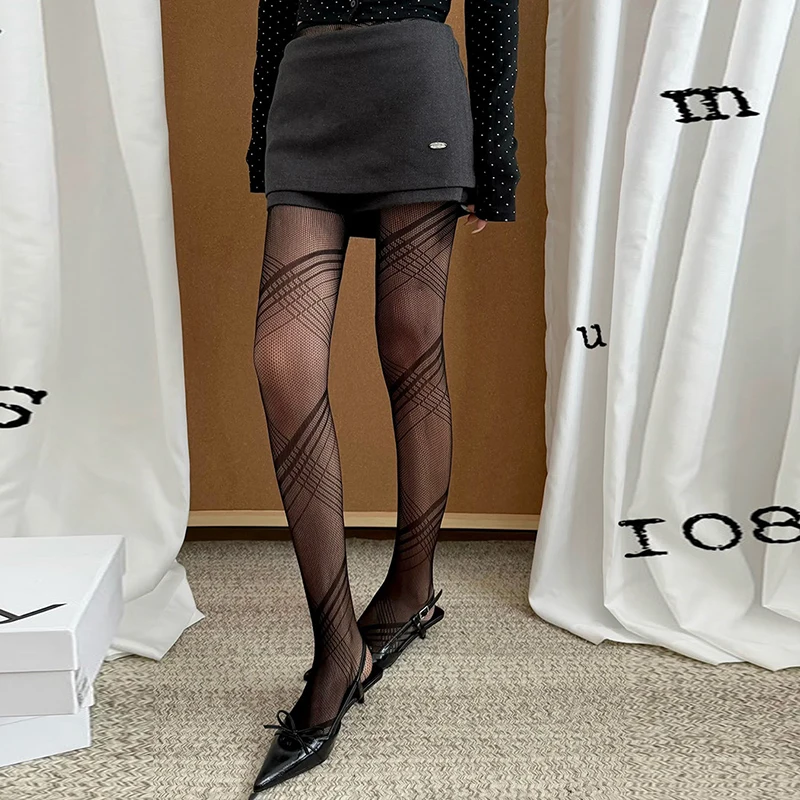 Women Sheer Diamond Jacquard Tights Geometric Pattern Pantyhose High Waist Stretch Full Length Footed Hosiery for Autumn Outfits