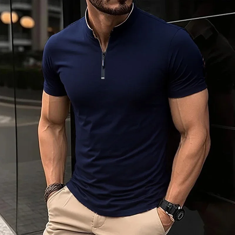 2025 New Men's Casual Fashion Solid Color Short Sleeved Polo Shirt Stand Up Collar Versatile Comfortable Top