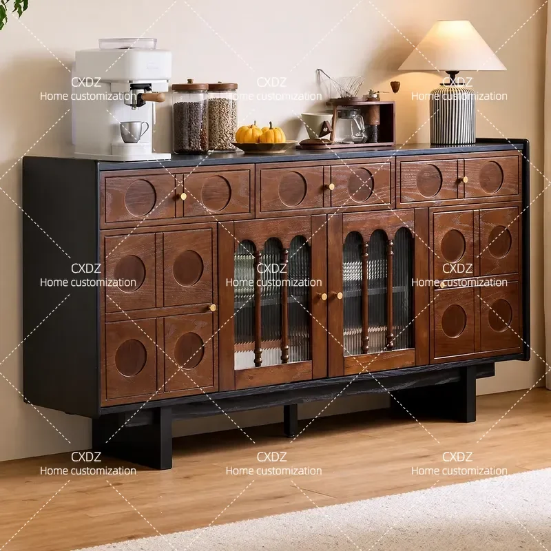 French Antique Solid Wood Dining Side Cabinet Wall Mounted Storage Cupboard for Guest Room Restaurant Tea and Dish