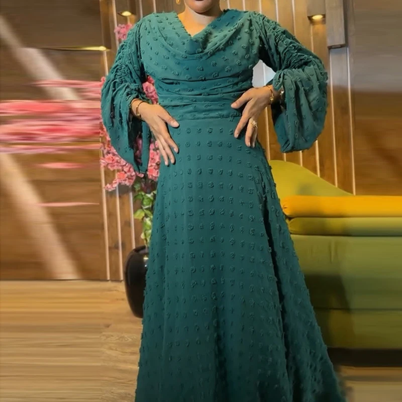 أنيقة الجاكار الصلبة المرأة فستان الحفلات موضة سوينغ طوق تخفيف رداء فستان عادية مطوي كم طويل الرباط فستان طويل