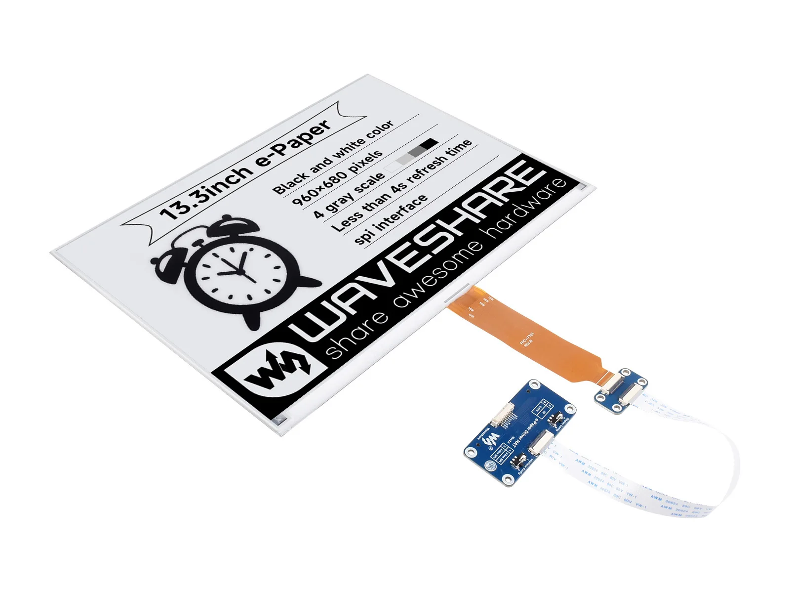13.3inch e-Paper HAT (K),960×680,E-Ink display HAT (K) for Raspberry Pi, SPI interface,Wide Viewing Angle, Paper-Like
