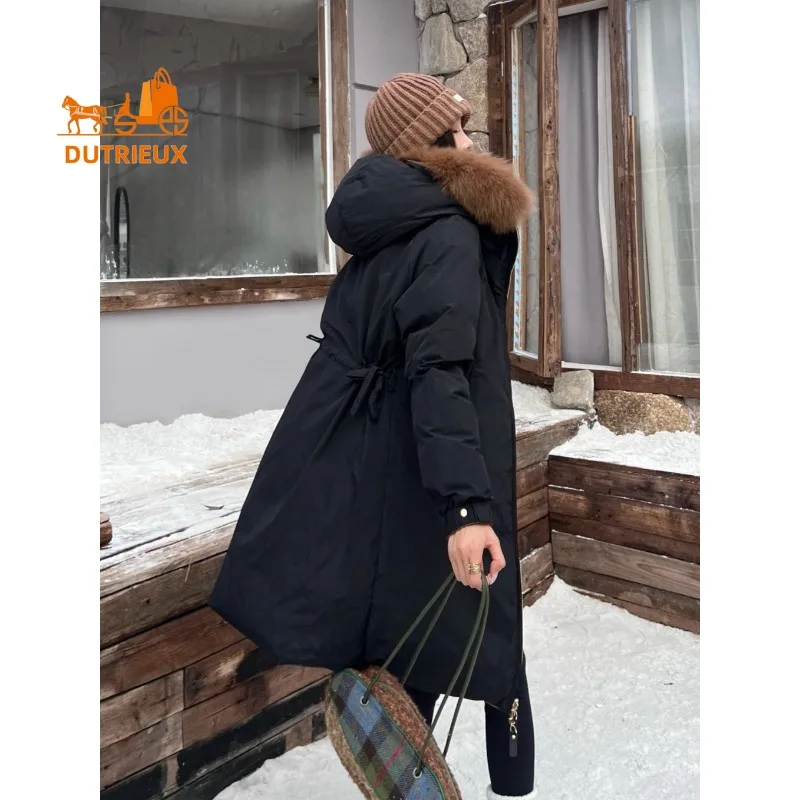 冬の女性の両面毛皮の襟フード付き両面ミッドレングスダウンジャケット、90% グレーグースダウン、ファッションエレガントな女性コート