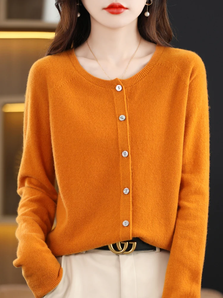 2024 Spring  Autumn Fashion 100% Wool Sweater Women\'s O-neck Cardigan Long-sleeved  Knitted solid color soft  clothing