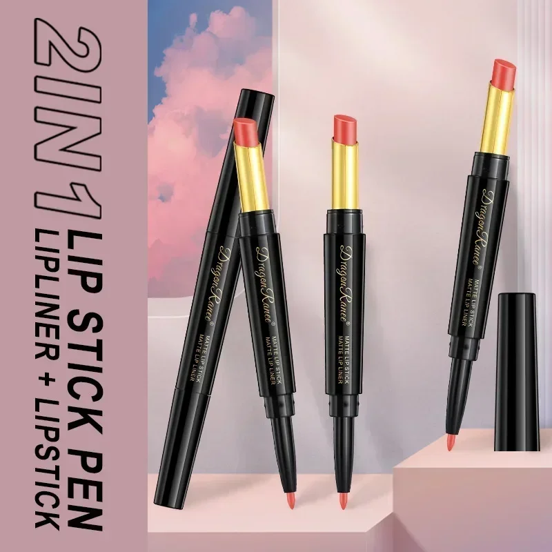 Nuevo juego de lápiz labial 2 en 1 de 8 colores, textura de terciopelo mate, nutre duradero, resistente al agua, lápiz labial de doble cabeza, cosméticos