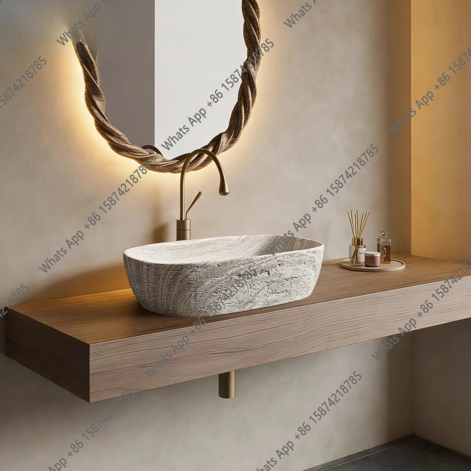 

Medieval stage basin wash basin, high-end hotel art basin, natural travertine stage wash basin