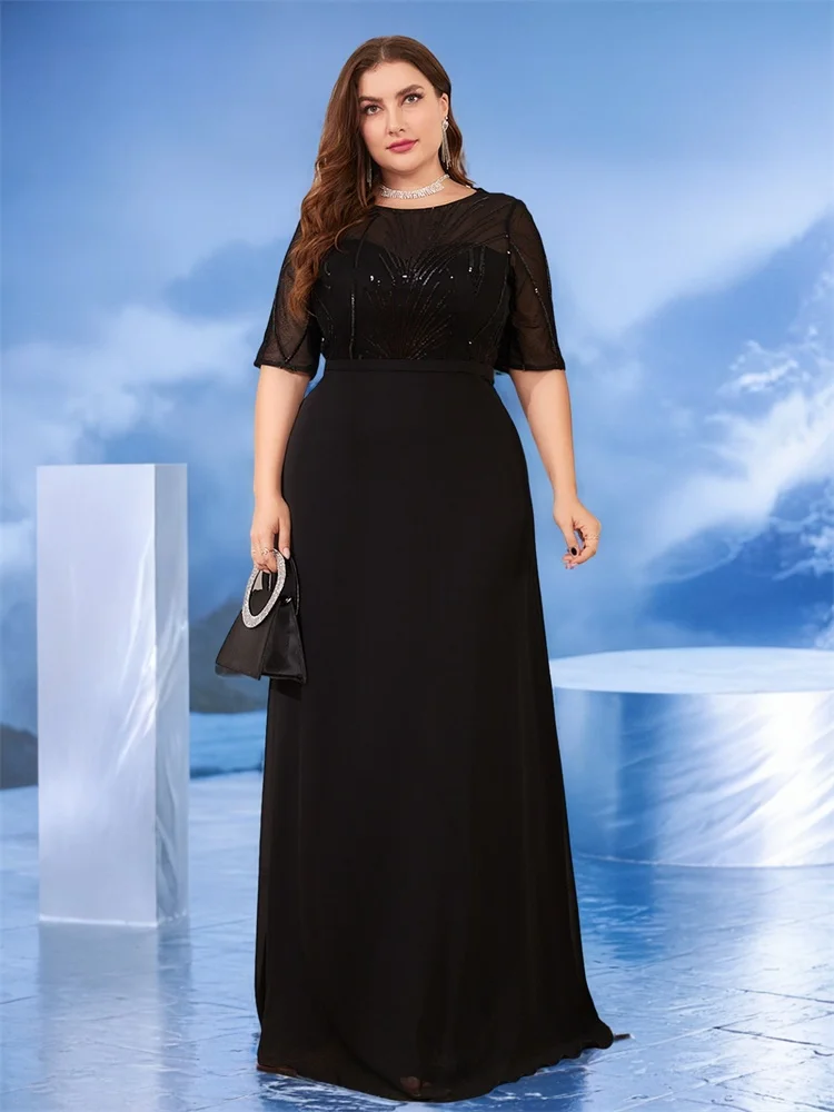 Lucyinlove Plus Size Elegant Short Sleeves Sequin Formal Evening Dress Women Chiffon Black Mermaid Bridesmaid Party Maxi Prom