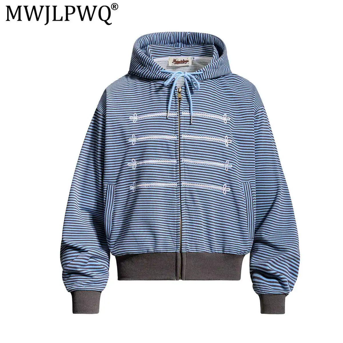 MWJLPWQ American Retro Striped Sweatershirts Embroidered Design Street Style Men's Hoodie Wear 2026 Autumn Winter New 20295