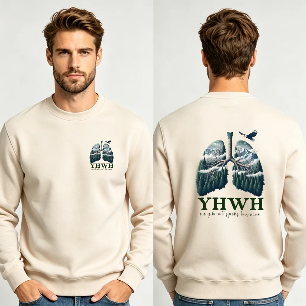 Men YHWH Mountain Lung Graphic Double Sided Crewneck Sweatshirt Religious Belief Faith Vintage Loose Fit Long Sleeve Pullover