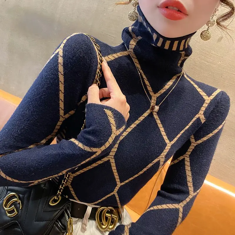 Women\'s Pullover High Neck Striped Sweater Autumn and Winter Korean Fashion Slim Long Sleeve Argyle Underlay New Color Knit Tops