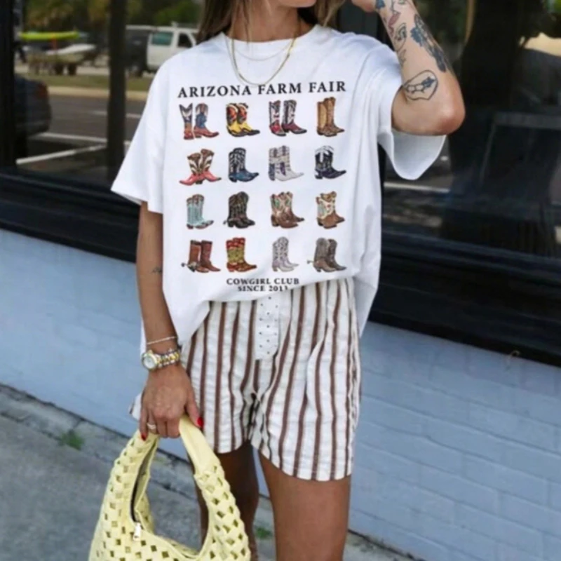 Aesthetic Cowboy Boots Graphic Tees Vintage Western Cowgirl Club Women T-Shirts Short Sleeve Shirt Country Music Tops Oversized