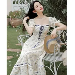 NONSAR French Pastoral Printed Fresh Lacing-up Webbing Dress Women Sweet Gentle Summer Travel Beach Long Victorian Plaid Dress