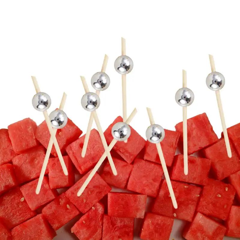 100Pcs Pearl Bamboo Food Fruit Picks Wedding Party Disposable Cake Dessert Cocktail Sticks Buffet Cupcake Toothpick Skewer