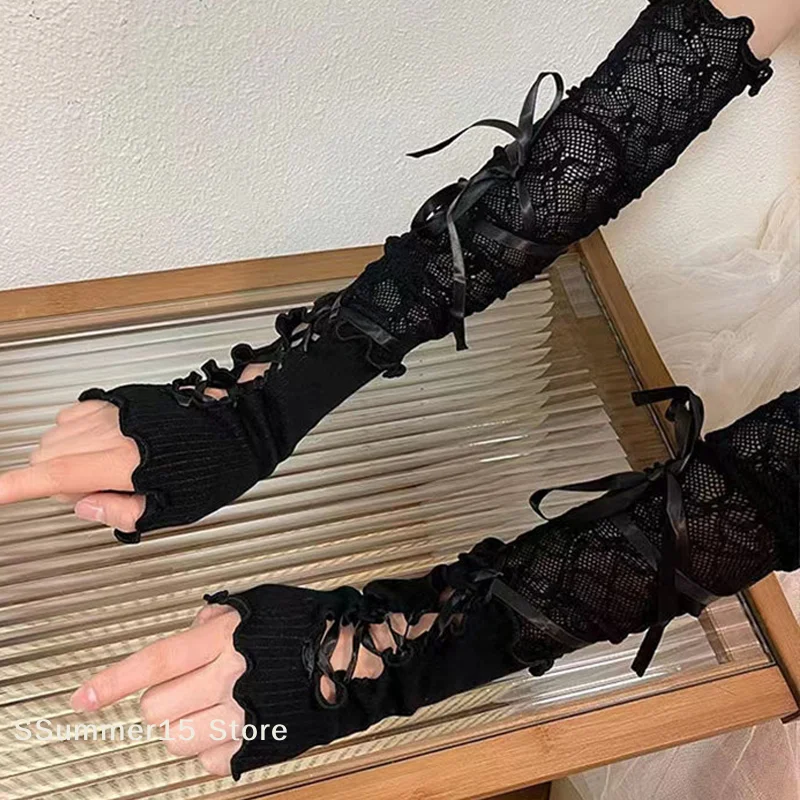 【R】Lolita Strapping Bow Fishnet Lace Fingerless Gloves Floral Elastic Mesh Handwear