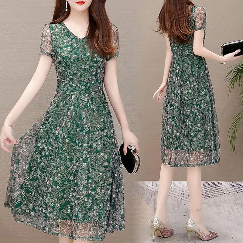 Elegant V-Neck Casual Dresses Summer Vintage Broken Flower Printed Female Clothing Korean Gauze A-Line Patchwork Midi Dress 2023