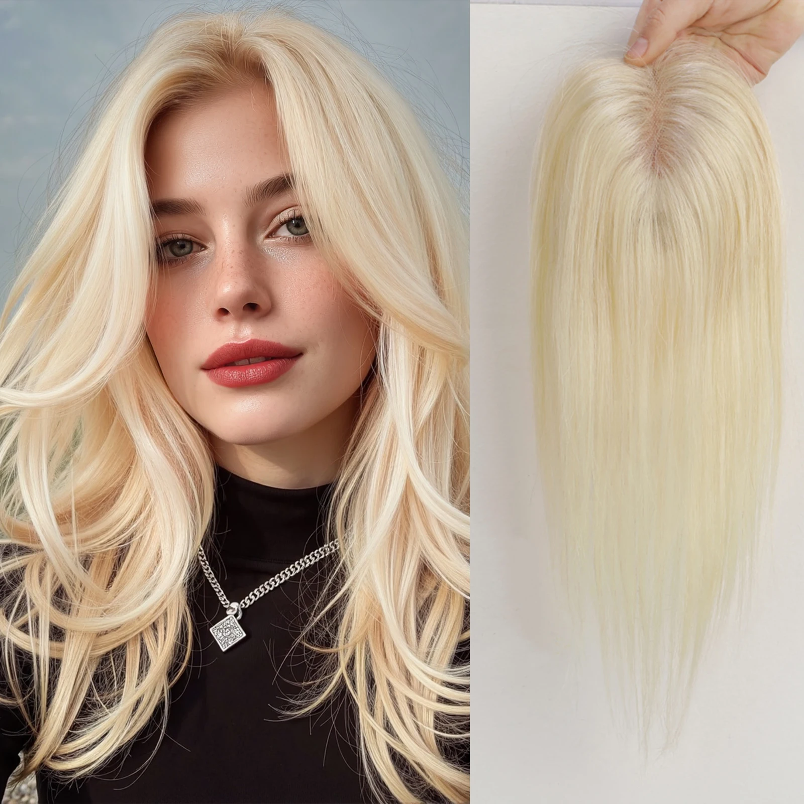 

Platinum Blonde Middle Part Hair Toppers 100% Remy Human Hair Topper for Women Loss Silk Base 3Clip Hair Pieces in Toppers 12 in