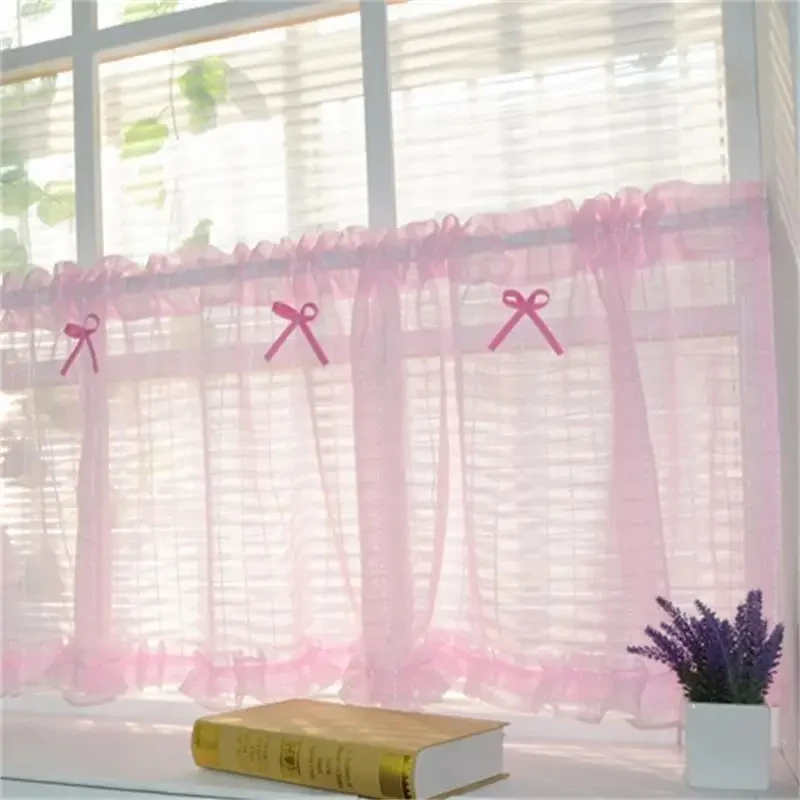 

Korean Style Cute Bow Pleated Skirt With Pink Kitchen Curtains,Partition,Lattice Small Window Curtains, Half Curtains For Window