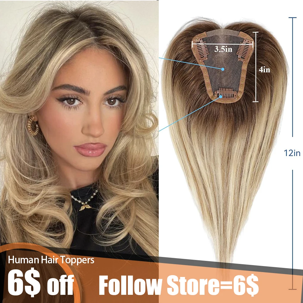 Brown Blonde Mixed Remy Human Hair Toppers Lace Base Clips in Hair Straight Human Hairpieces Extensions for Women 12 Inch Topper