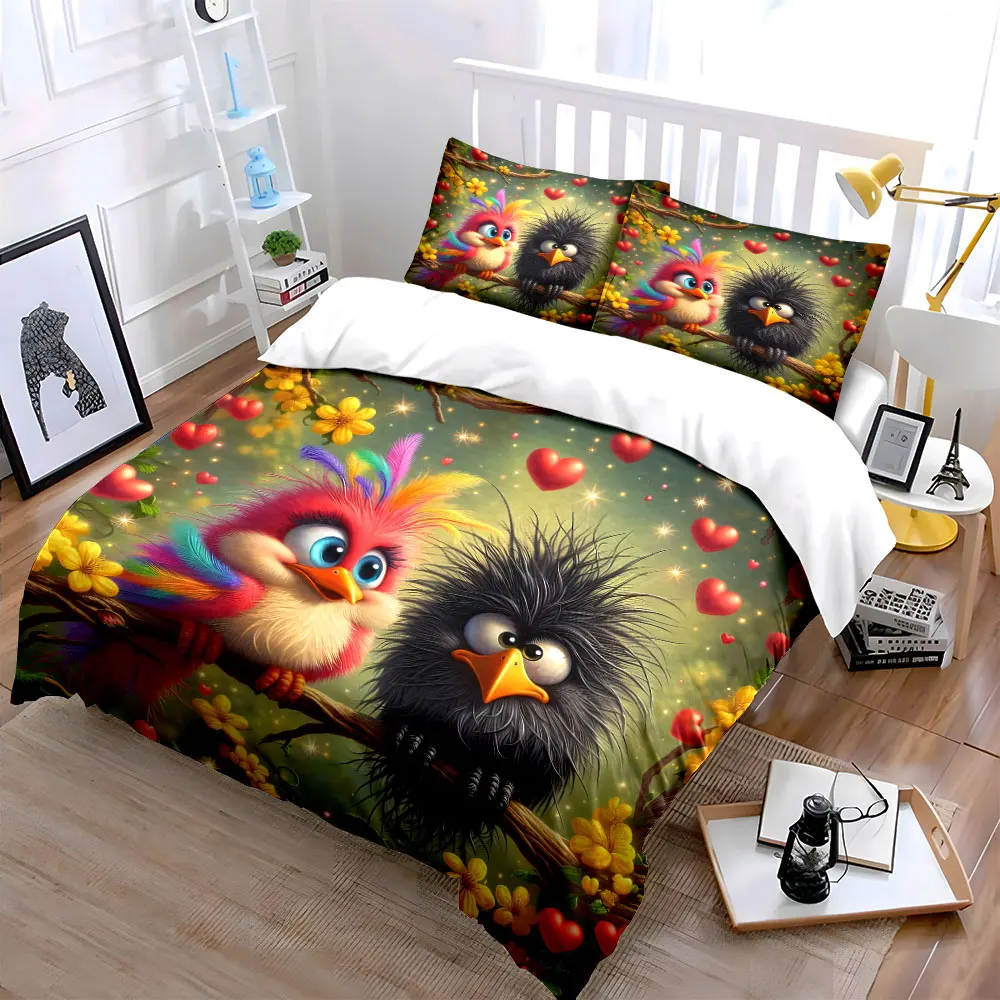 Colorful birds and unique crow Print Bedding Set 1 Duvet Cover 2 Pillowcases for Adult and Children Luxury Gift Full Size
