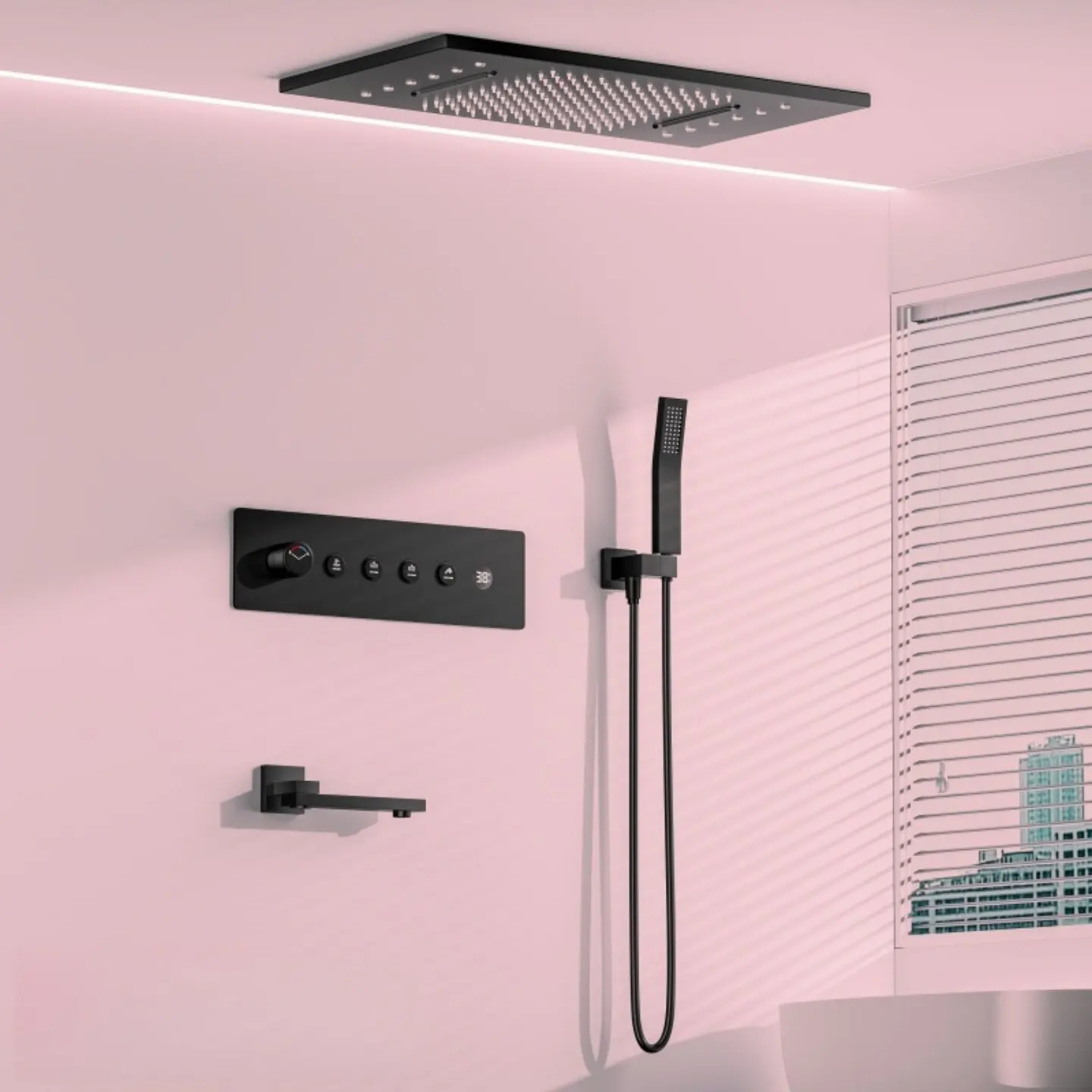 Embedded Shower Set, Rainfall Waterfall Display Multi-Button Bathroom Shower System, Wall-Mounted Hidden Installation
