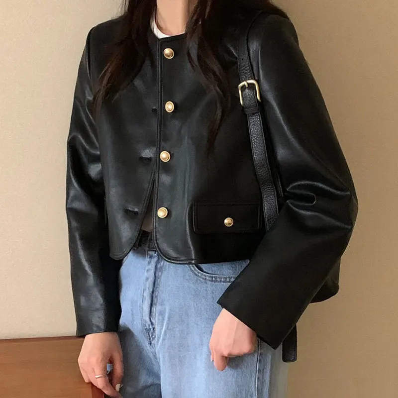 Koreanischen stil Schwarz Jacken Frauen Neue Mode Vintage Einreiher Leder Jacke Frauen Streetwear O Hals Kurze Jacken