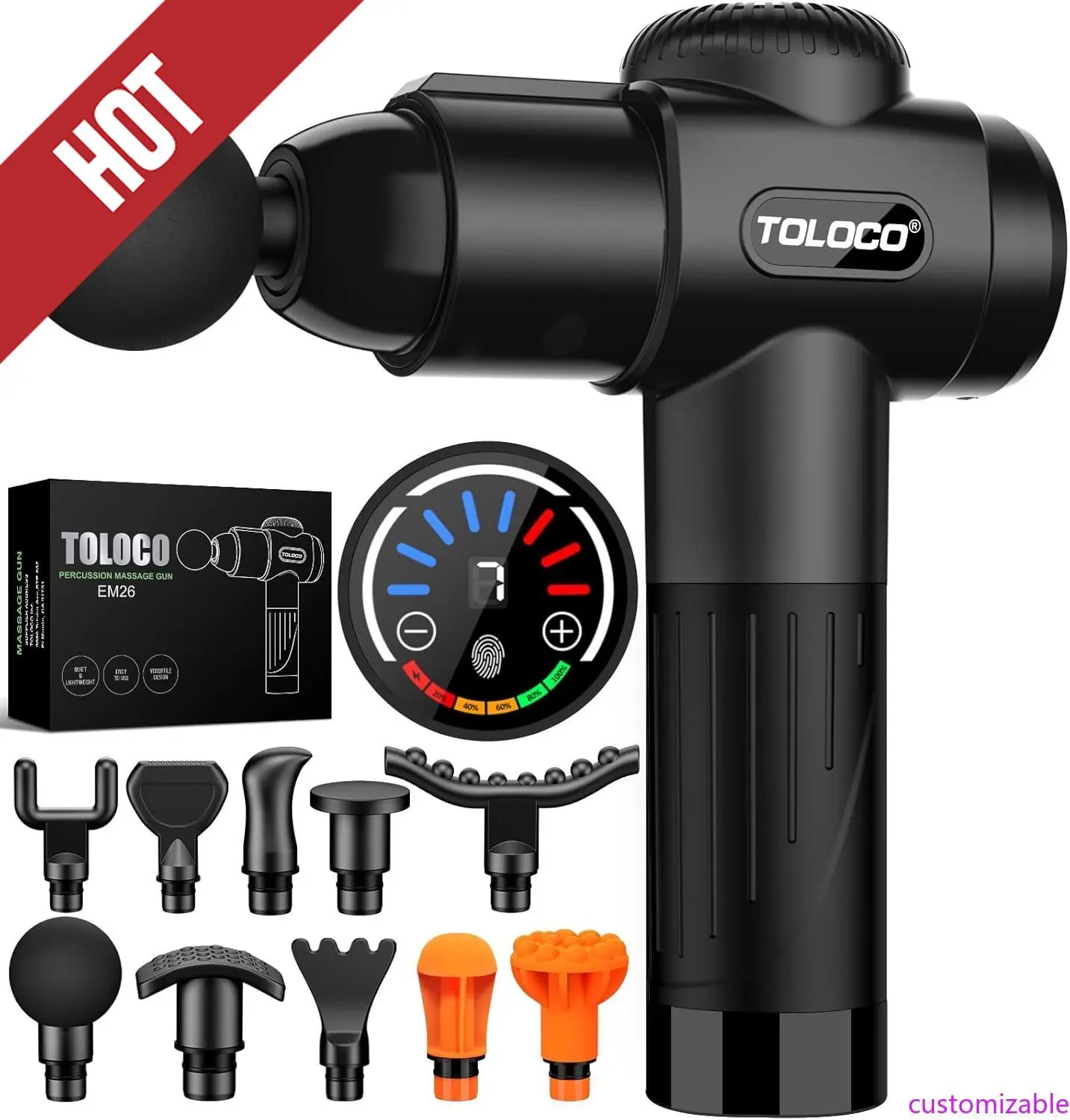 

Настраиваемый массажный пистолет, массаж глубоких тканей спины для спортсменов, облегчение боли, ударный массажер с 10 массажными головками и