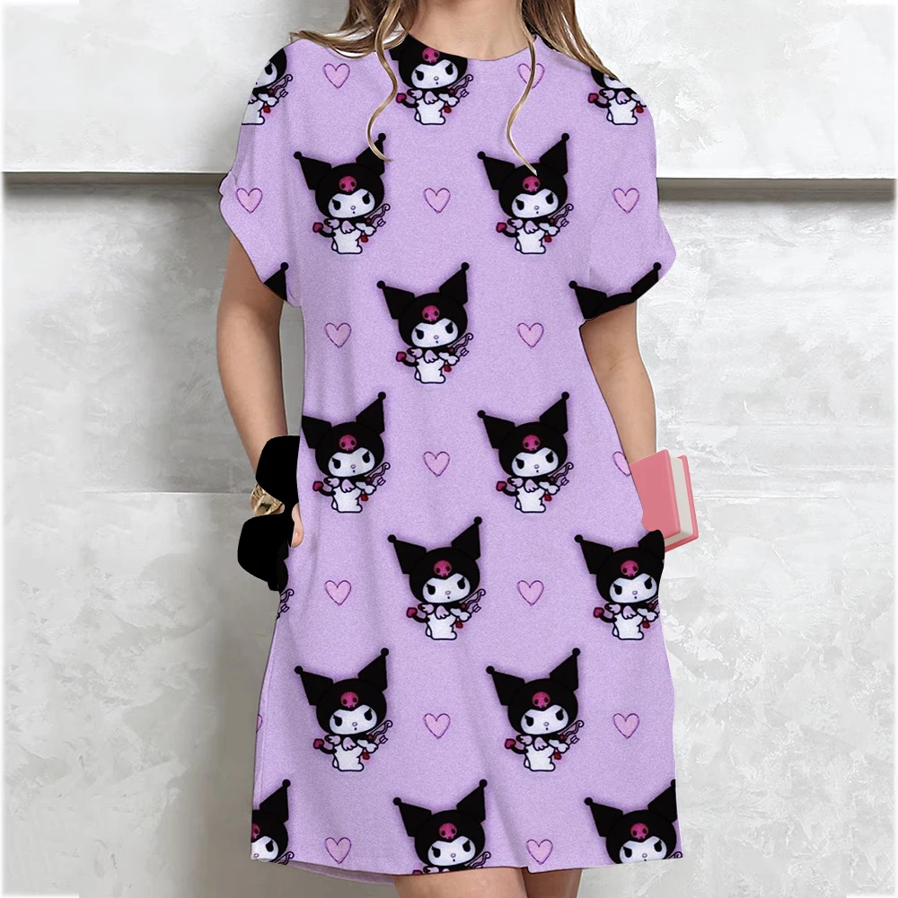2025 New Korean-style Plus-size Hello Kitty print T-shirt Women's Summer Loose-fit Belly Covering Student Dress ﻿