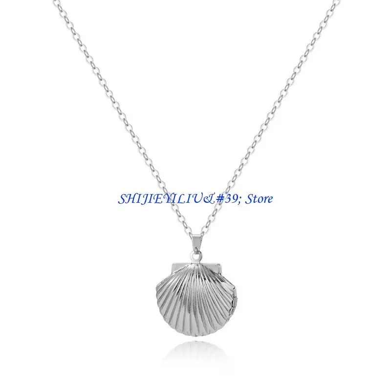 E21F Women Sea Shells Charm Necklace DIY Photo Compartment Pendant Collarbone Chain