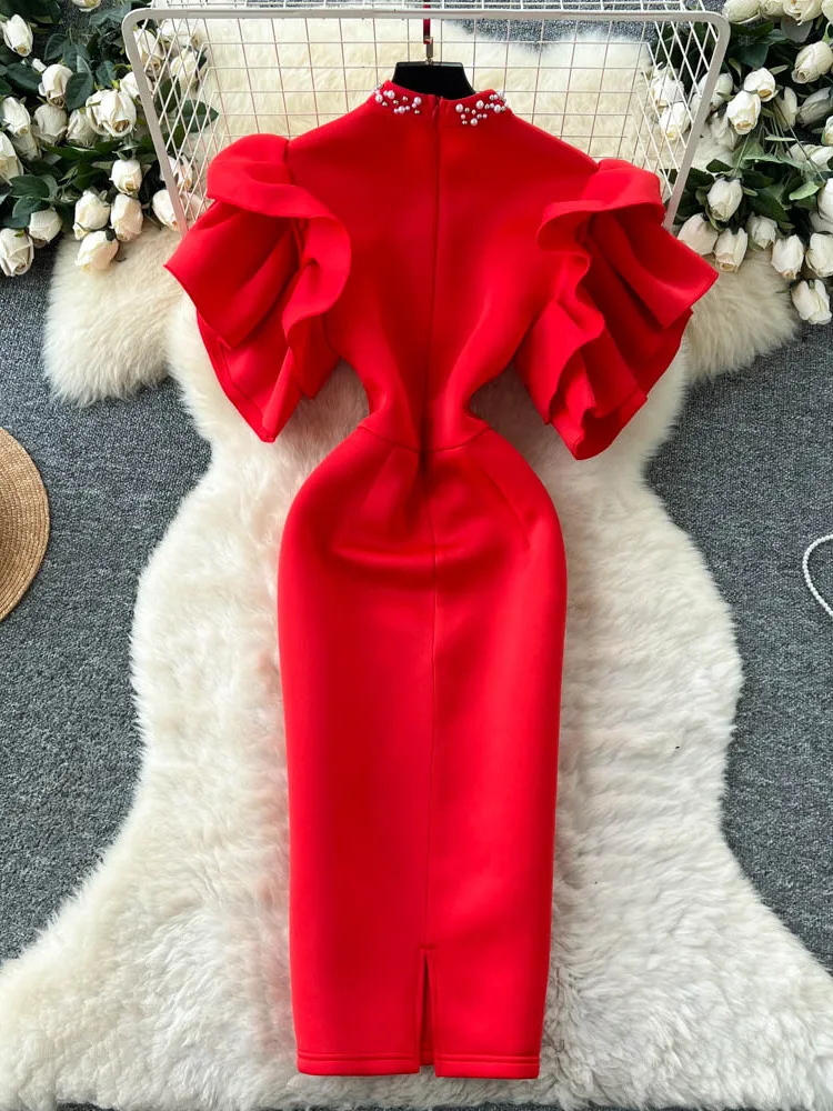 ثوب مسائي أحمر نسائي فاخر مجوف من Sve الخصر Cinched بقصة ضيقة وخصر عالٍ على شكل حرف a Dr Korean Sle