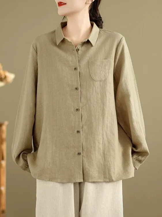 

Spring 2026 Loose Casual Cotton Linen irt Large Size Women Single Button Long Sve Turn-down Collar Vintage Color Top