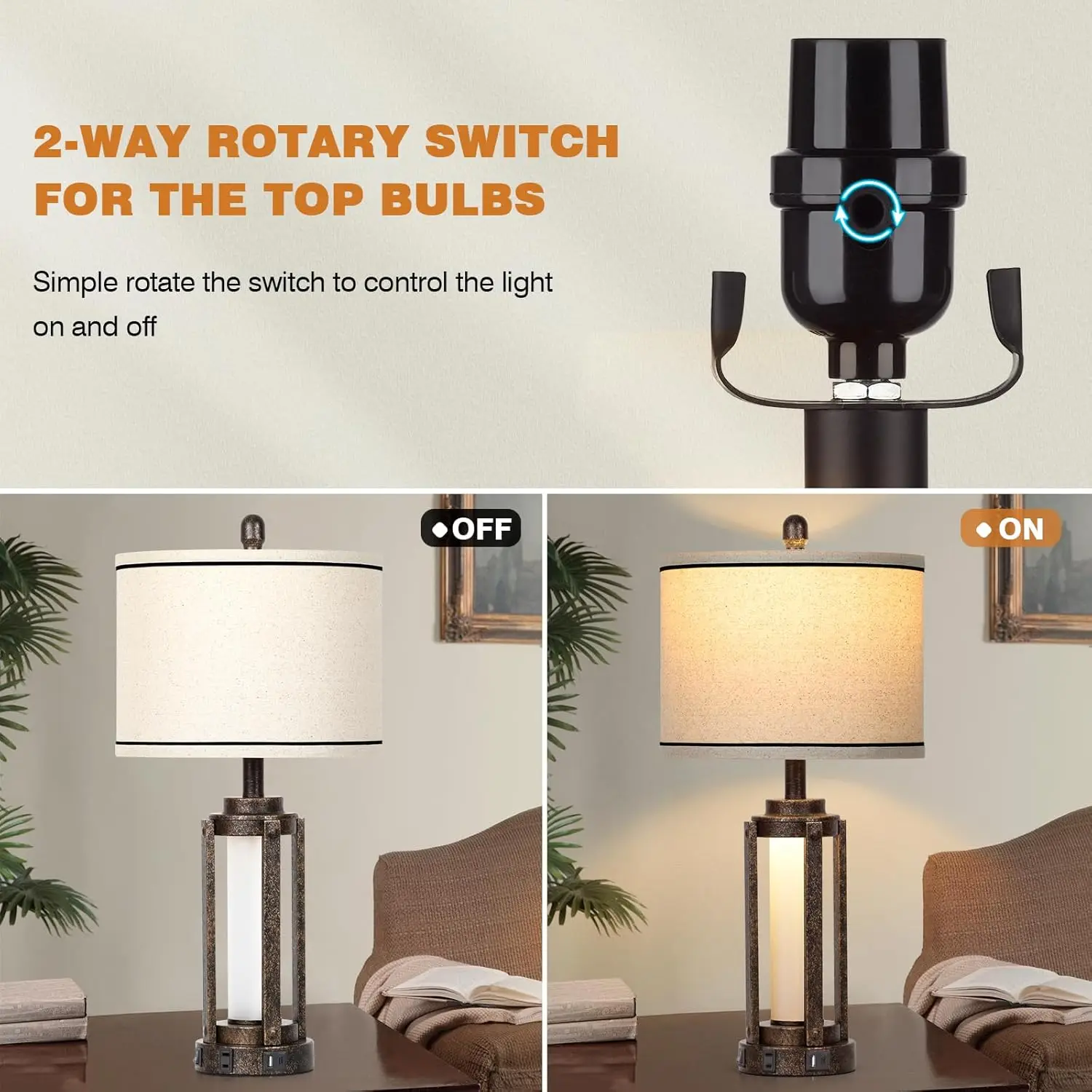 Lámpara de mesa vintage de granja con puertos USB A+C y toma de CA, luz nocturna LED rústica de 26', pantalla de lino, 2 bombillas incluidas