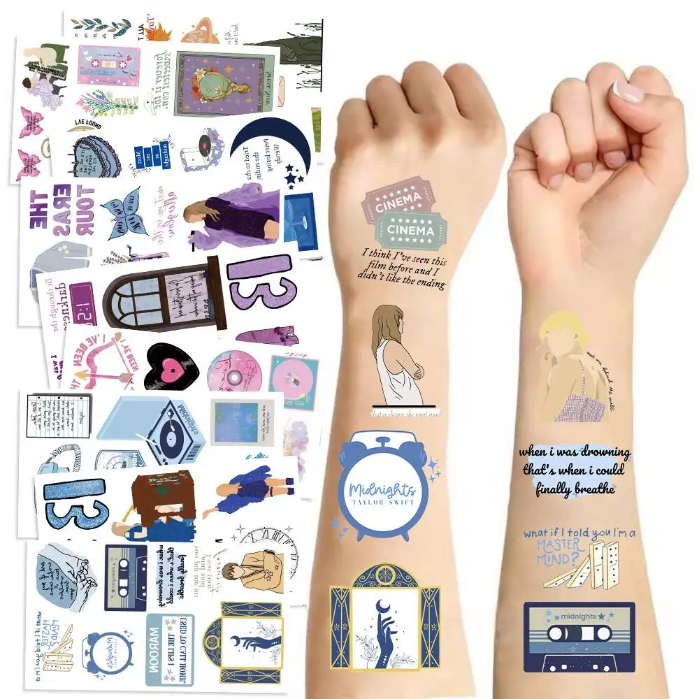 taylorswift themed temporary tattoo stickers the eras tour inspired designs with number 13 midnights clock vinyl record patterns