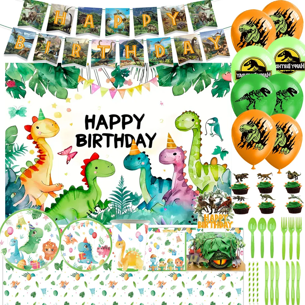 

Cartoon Dinosaur Theme Birthday Party Supplies Disposable Plate Cake Topper Tablecloth Balloon Jungle Background Banner Kid Gift