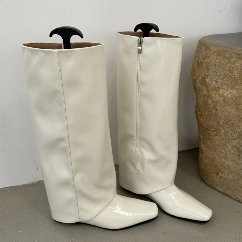 

Новые осенне-зимние сапоги до колена, женские широкие дизайнерские высокие сапоги на молнии, рыцарские высокие сапоги, женские модные сапоги на танкетке, женские высокие сапоги на танкетке