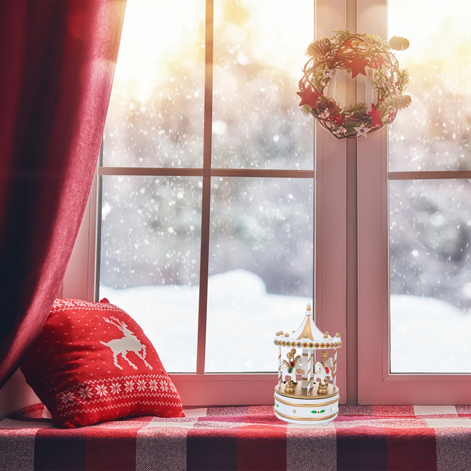 

1Pcs Wooden Merry-Go-Round Music Box Elegant Desktop Decor Birthday Holiday Gift for Home Music Box Desk Ornament