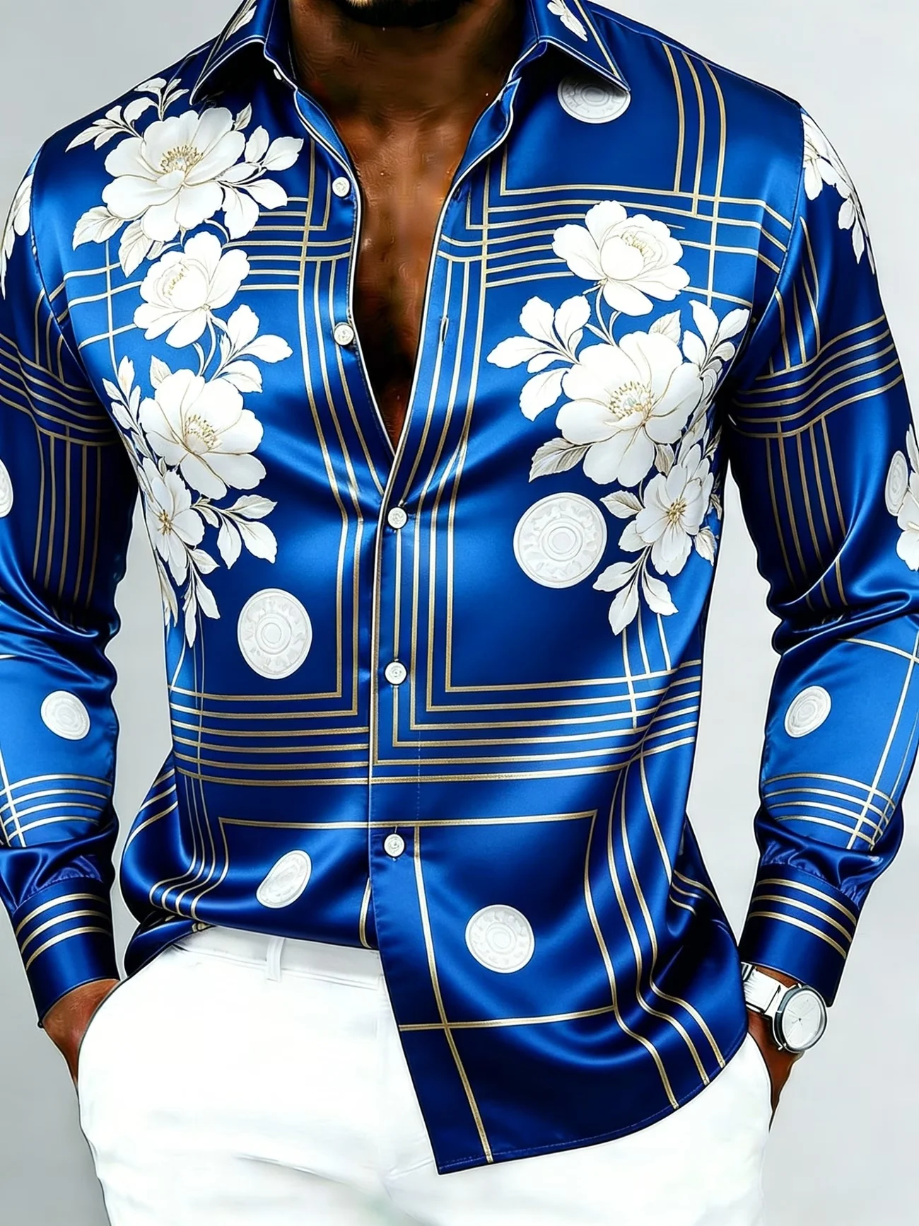 New gold and silver contrasting Baroque rolled grass floral print long sleeved shirt satin men's business top