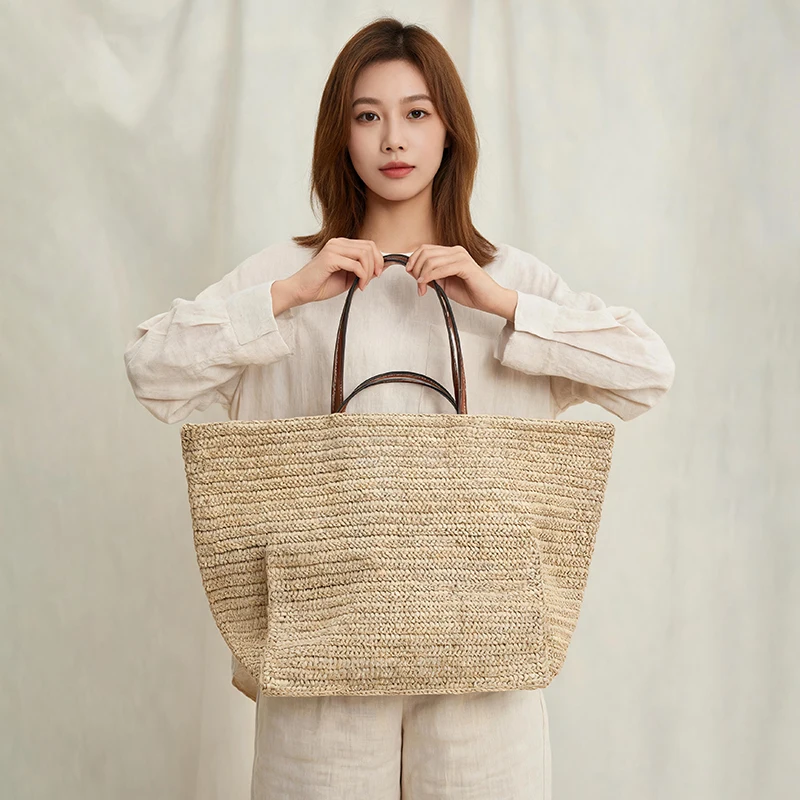 Handgewebte Stroh-Strandtasche, Große Kapazität Damen-Schultertasche, Leichte Vielseitige Sommer-Handtasche für Pendeln und Reisen, Khaki – Detail 8