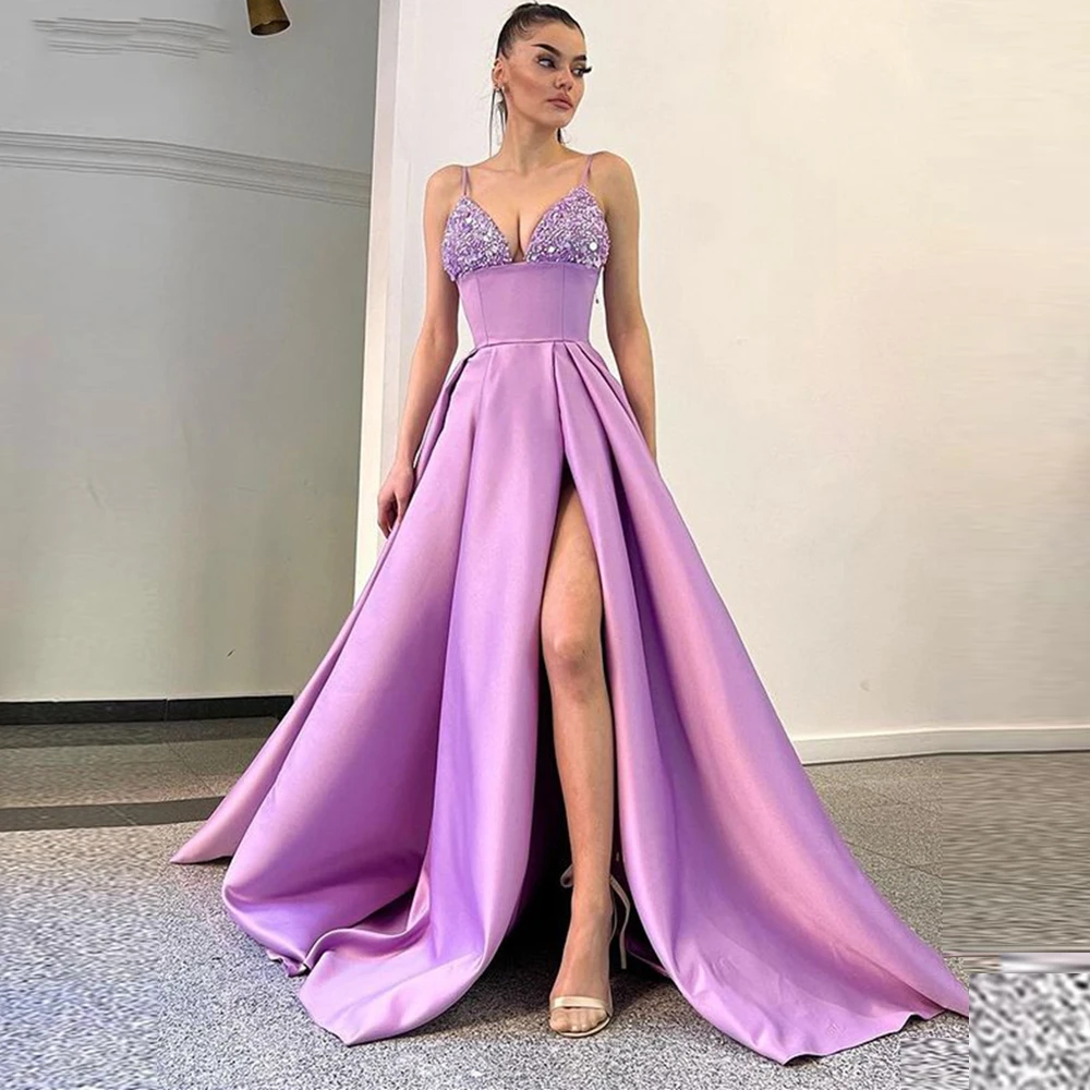 

Sexy Lilac Side Slit Evening Dress Spaghetti Short Appliques Beaded Club Prom Gowns Party Dresses Robes De Soirée