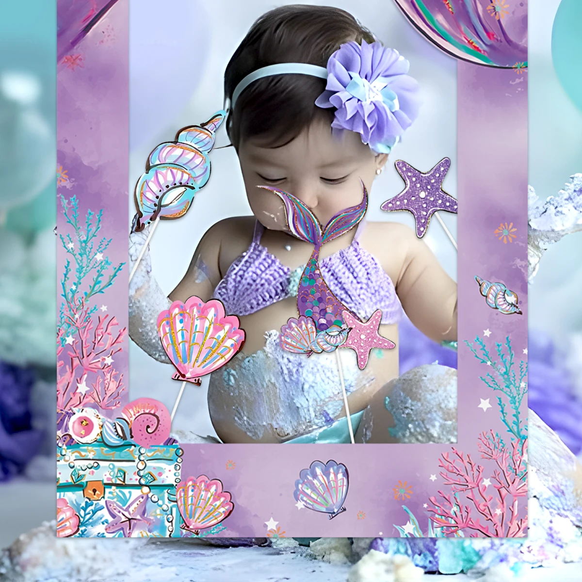 Mermaid photo Frame Background Little Mermaid Tail Birthday Party Decor Kids Girl Baby Shower Birthday Party Supplies Backdrop