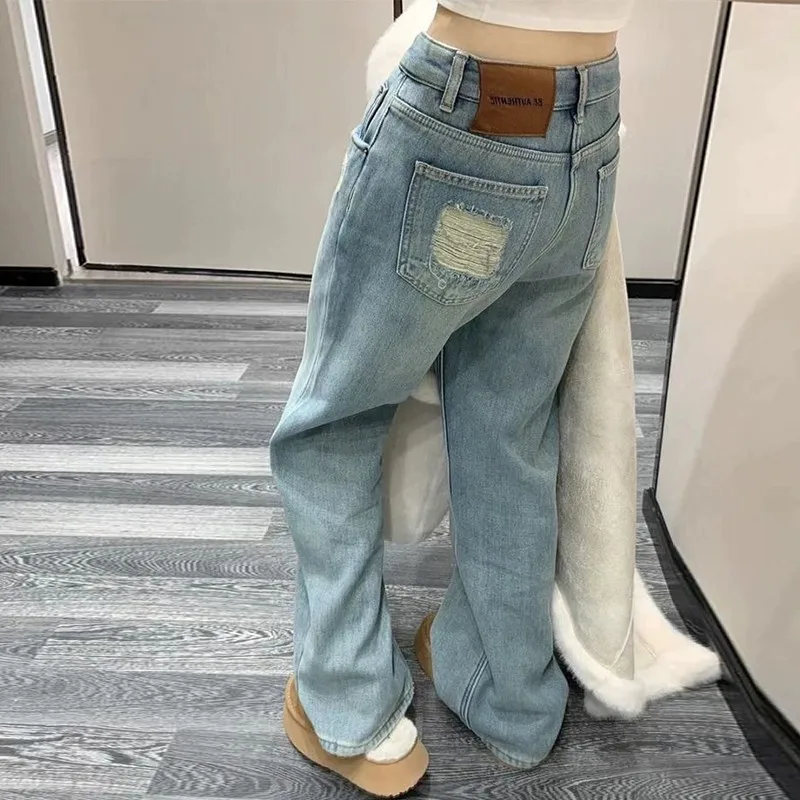 ZHISILAO Vintage Blue Ripped Jeans Women Casual Blue High Waist Wide Leg Straight Denim Pants Streetwear 2024