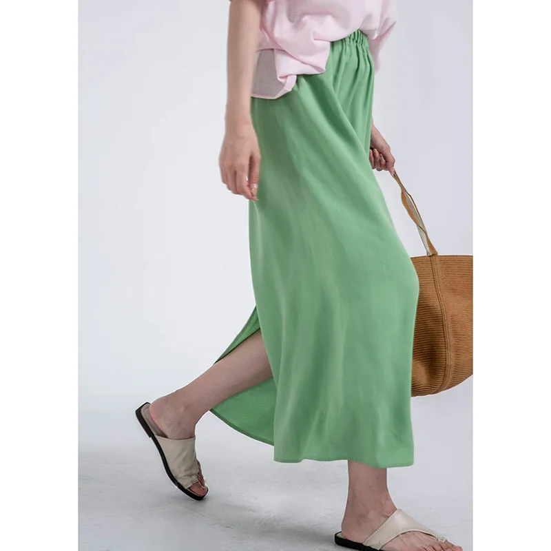 

Summer Lyocell Linen Skirts Women Elastic High Waist Slit Straight Loose Casual Midi Skirts