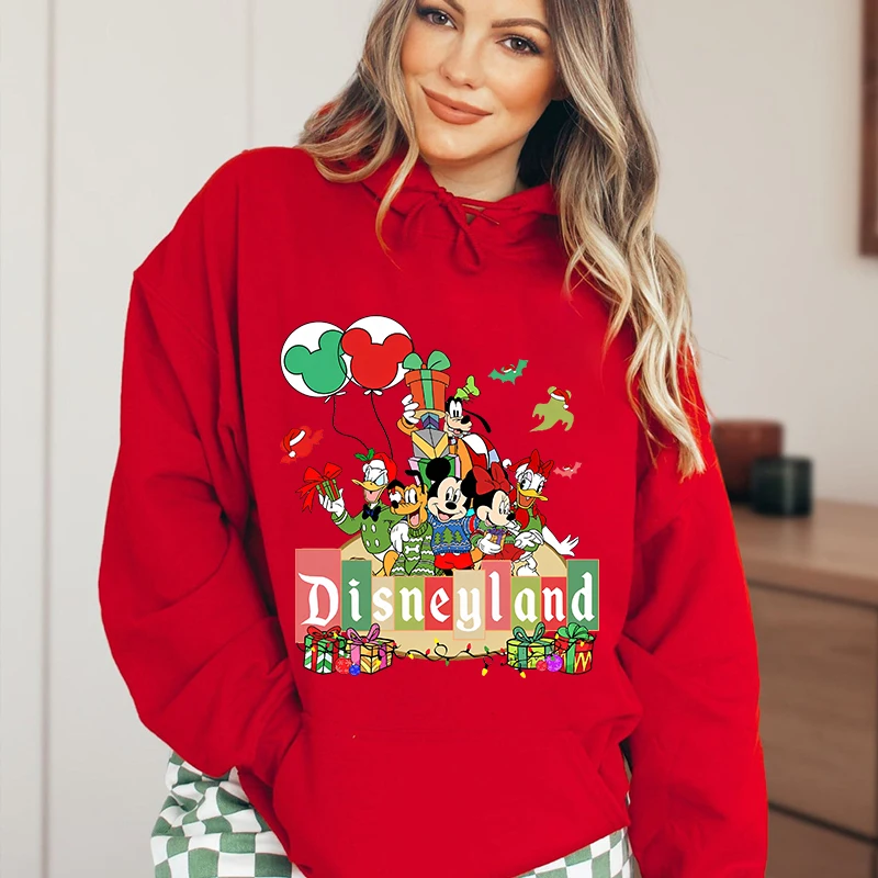 Mickey Mouse Christmas Print Women\'s Autumn and Winter Hoodie Plus Velvet Sports Sweater Red Loose Top