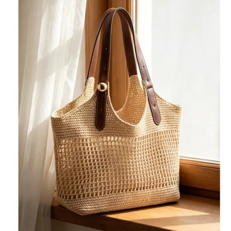 New model Handwoven Large Capacity Hollow out Straw Tote Bag Casual Beach Vacation Women's Handbag Travel Leisure Soft Square