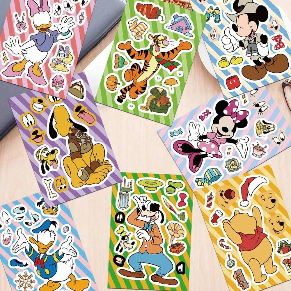 Disney-pegatinas de rompecabezas para niños, 8/16 hojas, Mickey, Minnie, Pato Donald, juguetes de ensamblar, juego divertido, regalo de fiesta